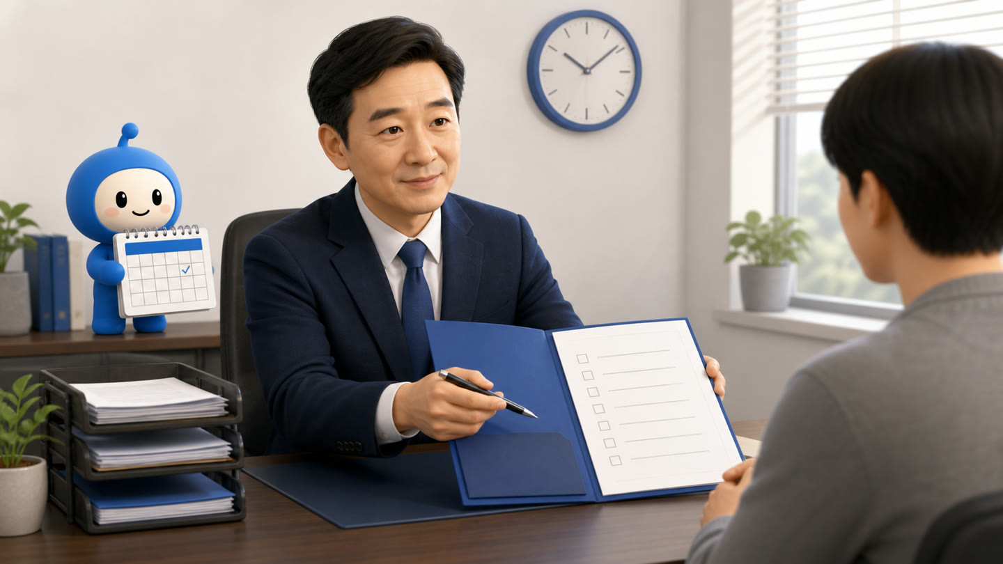 방문 전 고객 체크리스트, 상담 시간을 지키는 방법 업무를 진행하는 바로워크 실무자와 바로 캐릭터