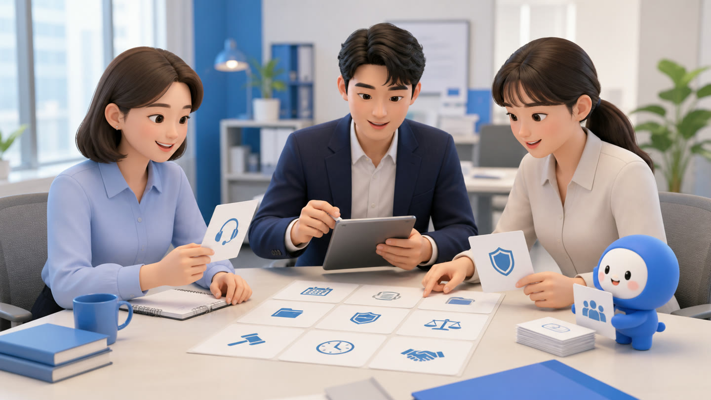사무실 공용 고객 응대 문구를 만드는 법 업무를 진행하는 바로워크 실무자와 바로 캐릭터
