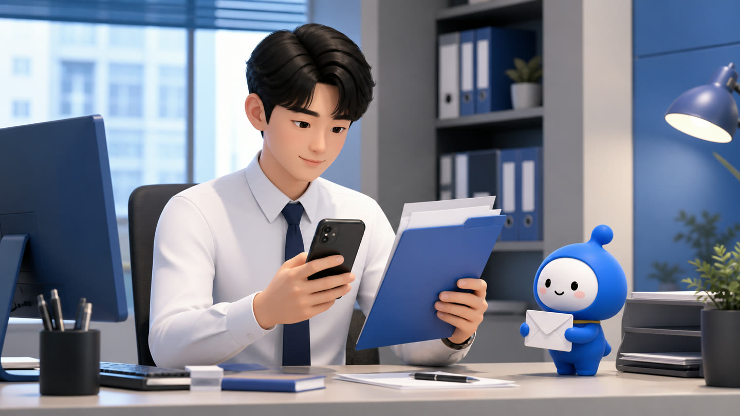 고객 서류 요청 메시지, 짧고 정확하게 쓰는 법 업무를 진행하는 바로워크 실무자와 바로 캐릭터