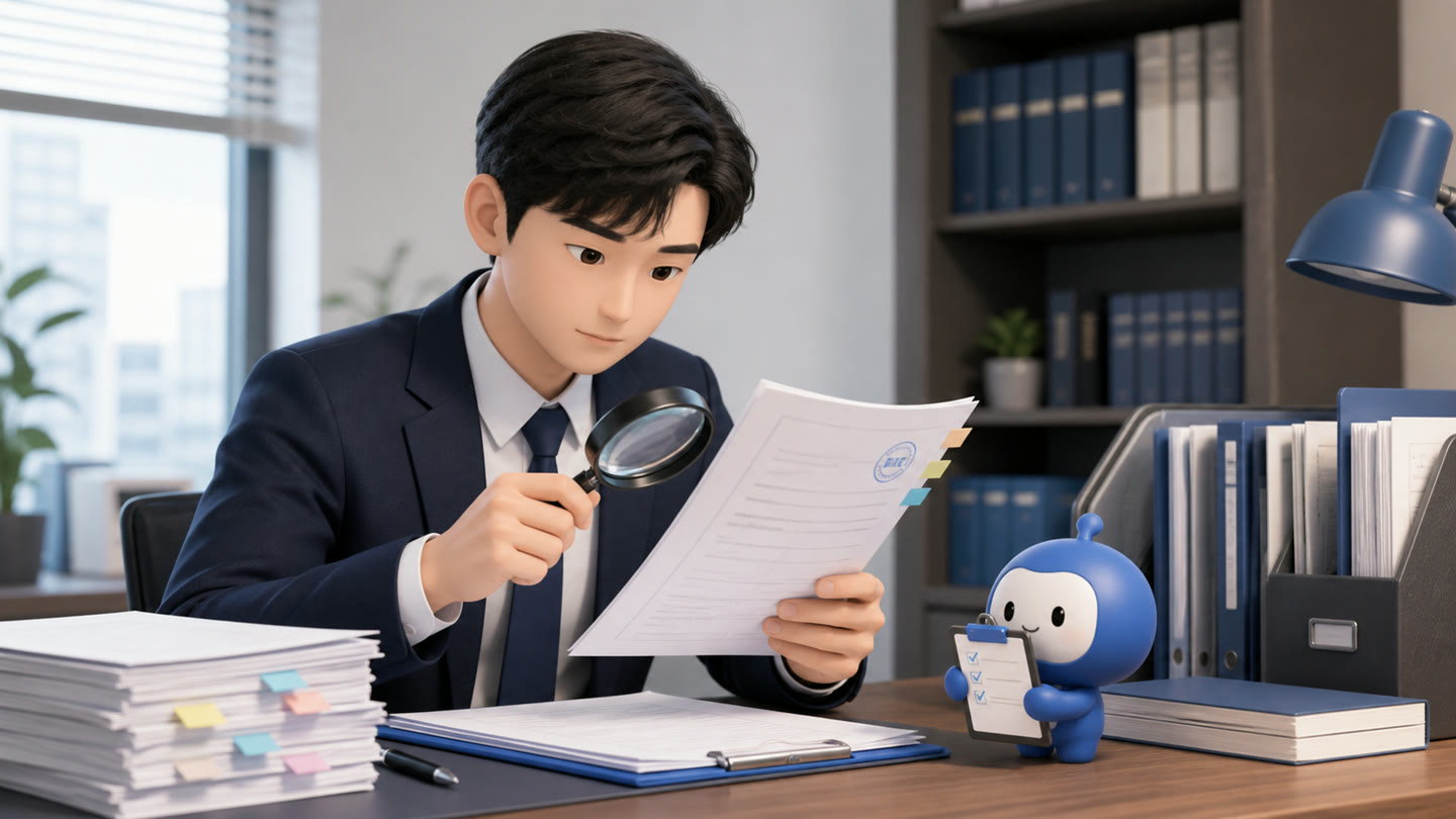 받은 기관 서류, 바로 검수해야 하는 네 가지 업무를 진행하는 바로워크 실무자와 바로 캐릭터