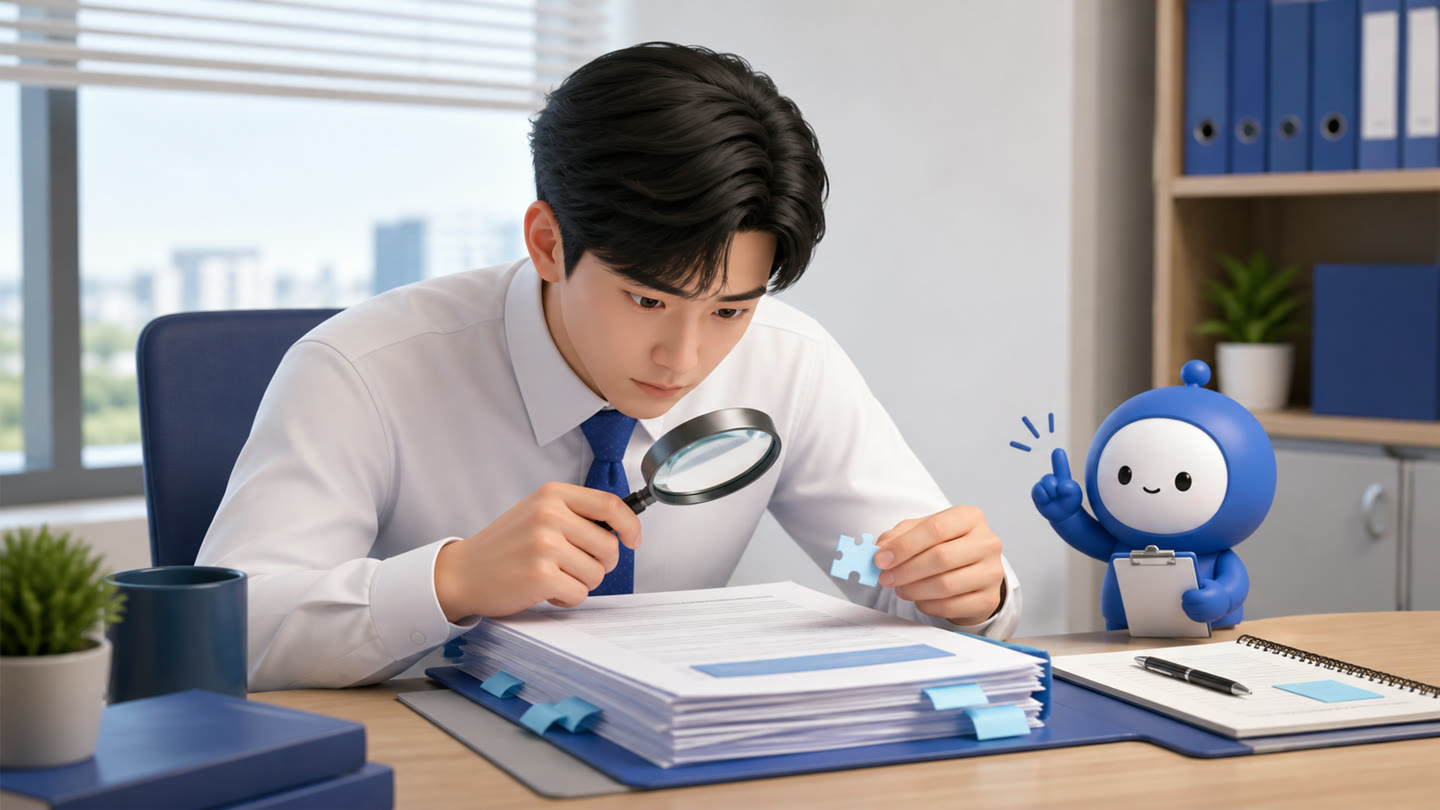 기관에서 누락 서류를 요청했을 때 재확인 순서 업무를 진행하는 바로워크 실무자와 바로 캐릭터