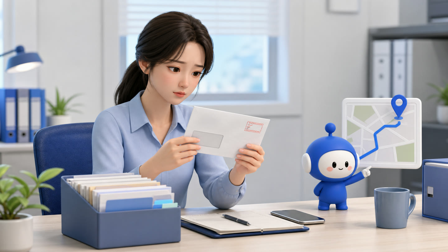 반송된 우편 서류를 받았을 때 처리 기준 업무를 진행하는 바로워크 실무자와 바로 캐릭터